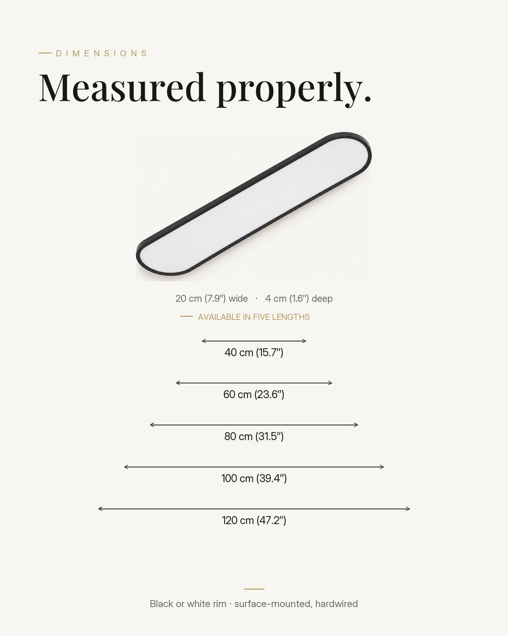 Ivera ultra-thin LED ceiling light dimensions, measured properly: 60 cm shown, available in five lengths from 40 to 120 cm, 20 cm wide and 4 cm deep