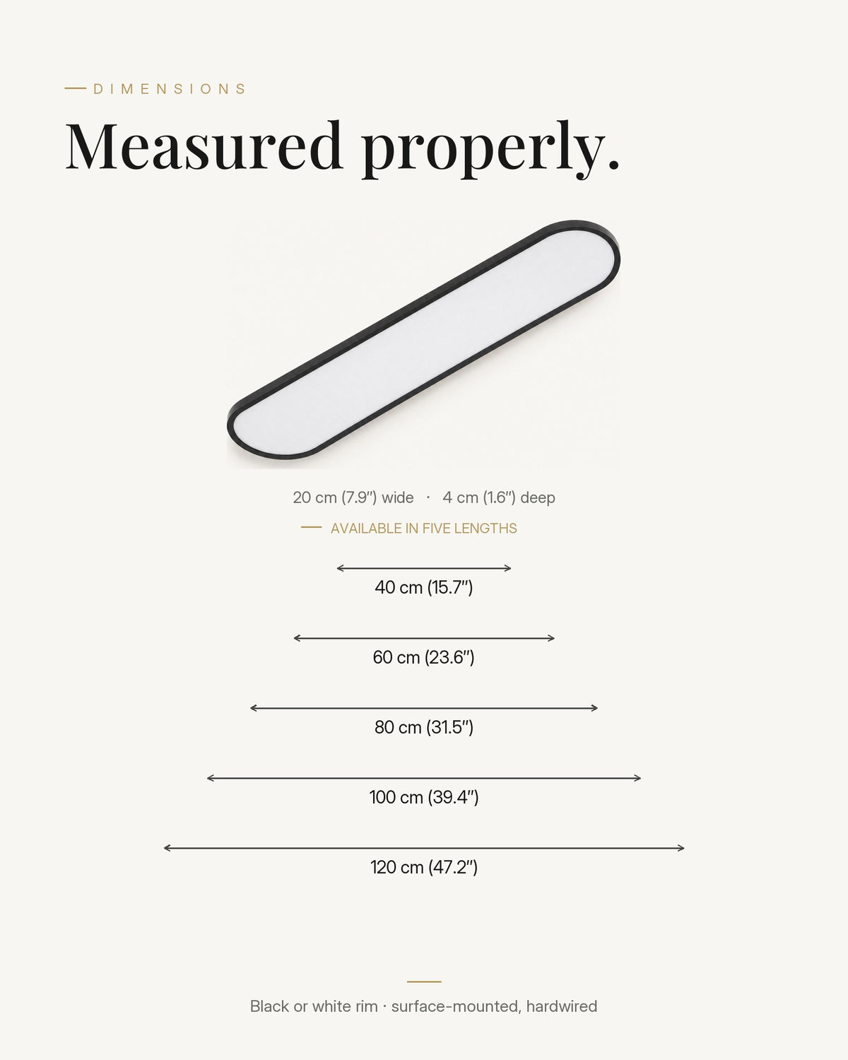 Ivera ultra-thin LED ceiling light dimensions, measured properly: 60 cm shown, available in five lengths from 40 to 120 cm, 20 cm wide and 4 cm deep