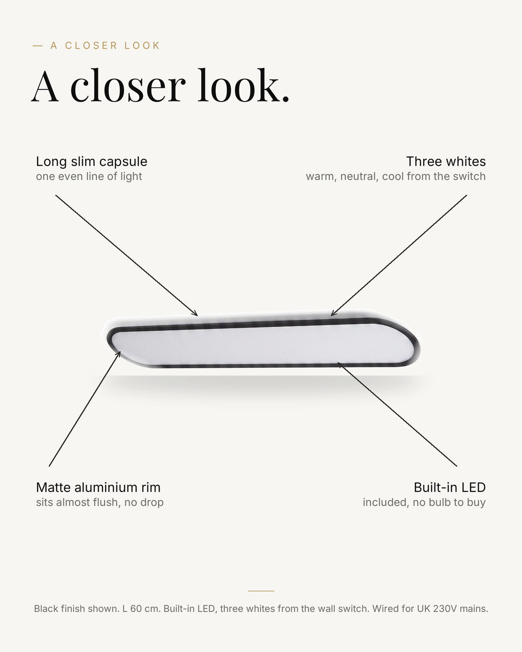 A closer look at the Ivera ultra-thin LED ceiling light: long slim capsule, built-in LED, three whites from the wall switch, matte aluminium rim sits almost flush