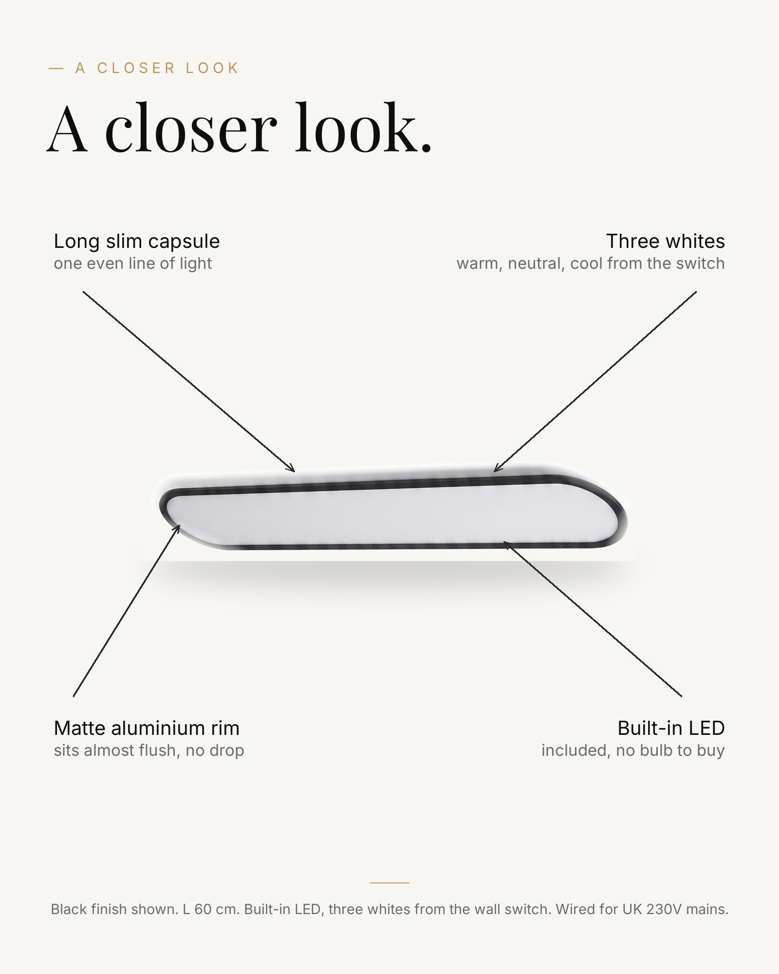 A closer look at the Ivera ultra-thin LED ceiling light: long slim capsule, built-in LED, three whites from the wall switch, matte aluminium rim sits almost flush