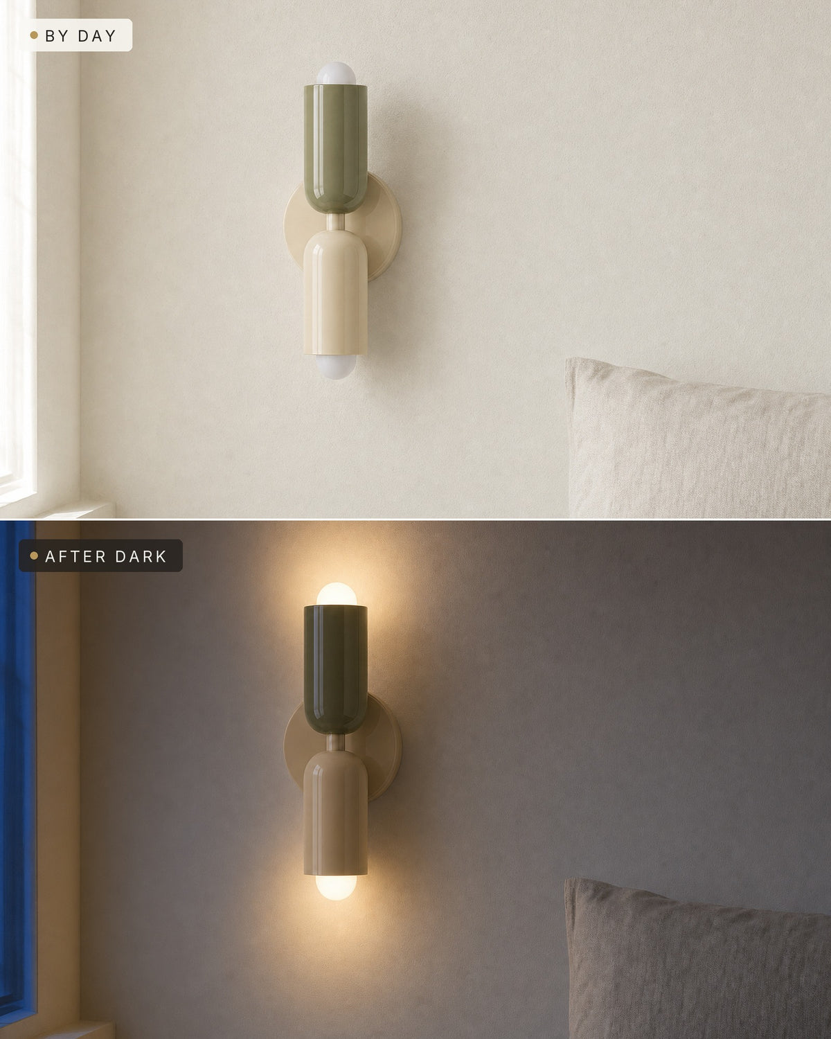 The up-and-down wall light by day switched off and after dark lit warm