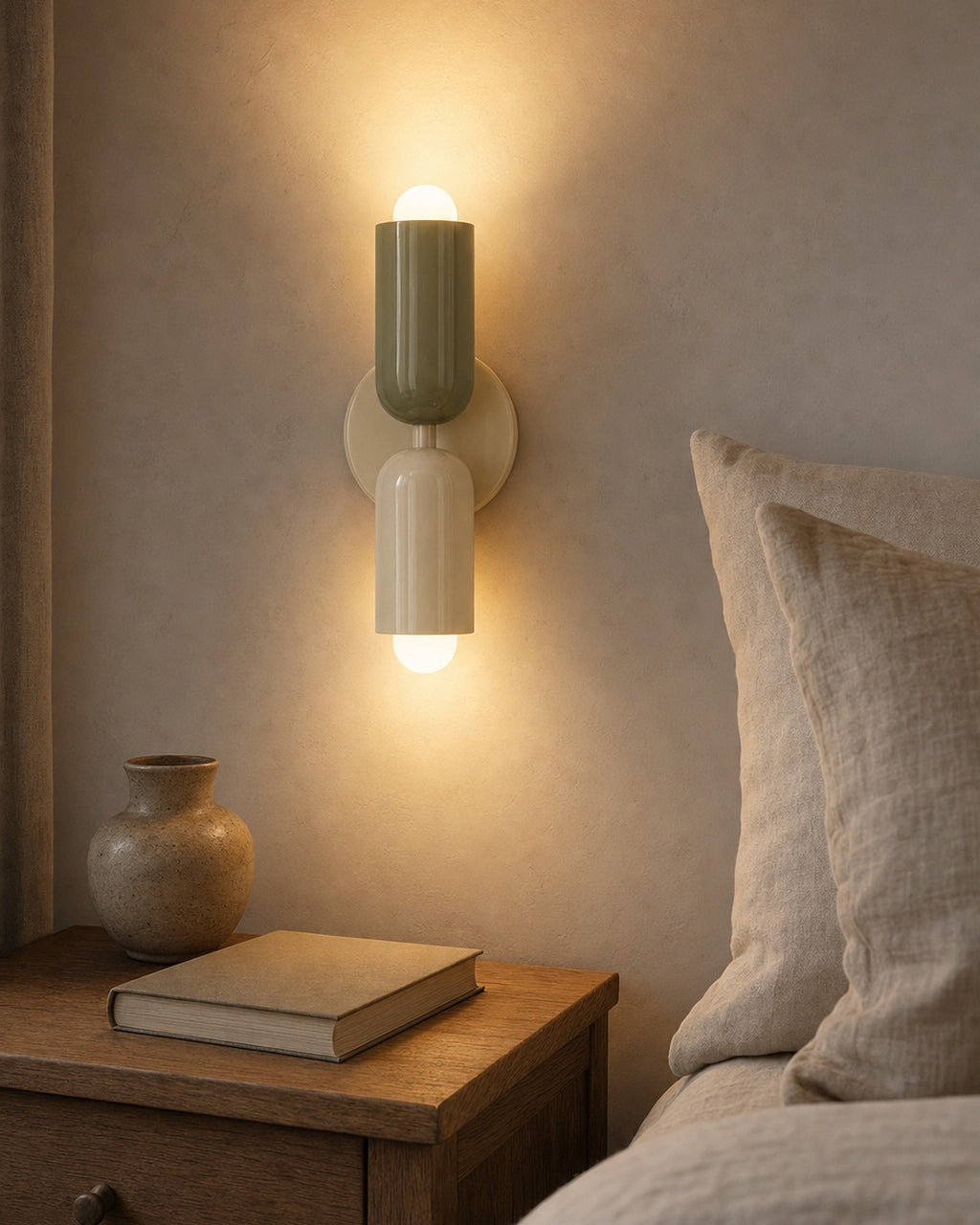 Green and cream up-and-down wall light glowing warm above a bedside table in a bedroom at dusk