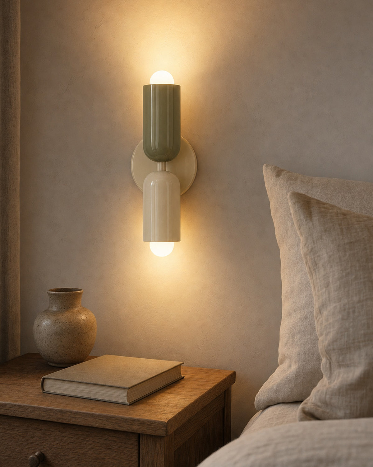 Green and cream up-and-down wall light glowing warm above a bedside table in a bedroom at dusk
