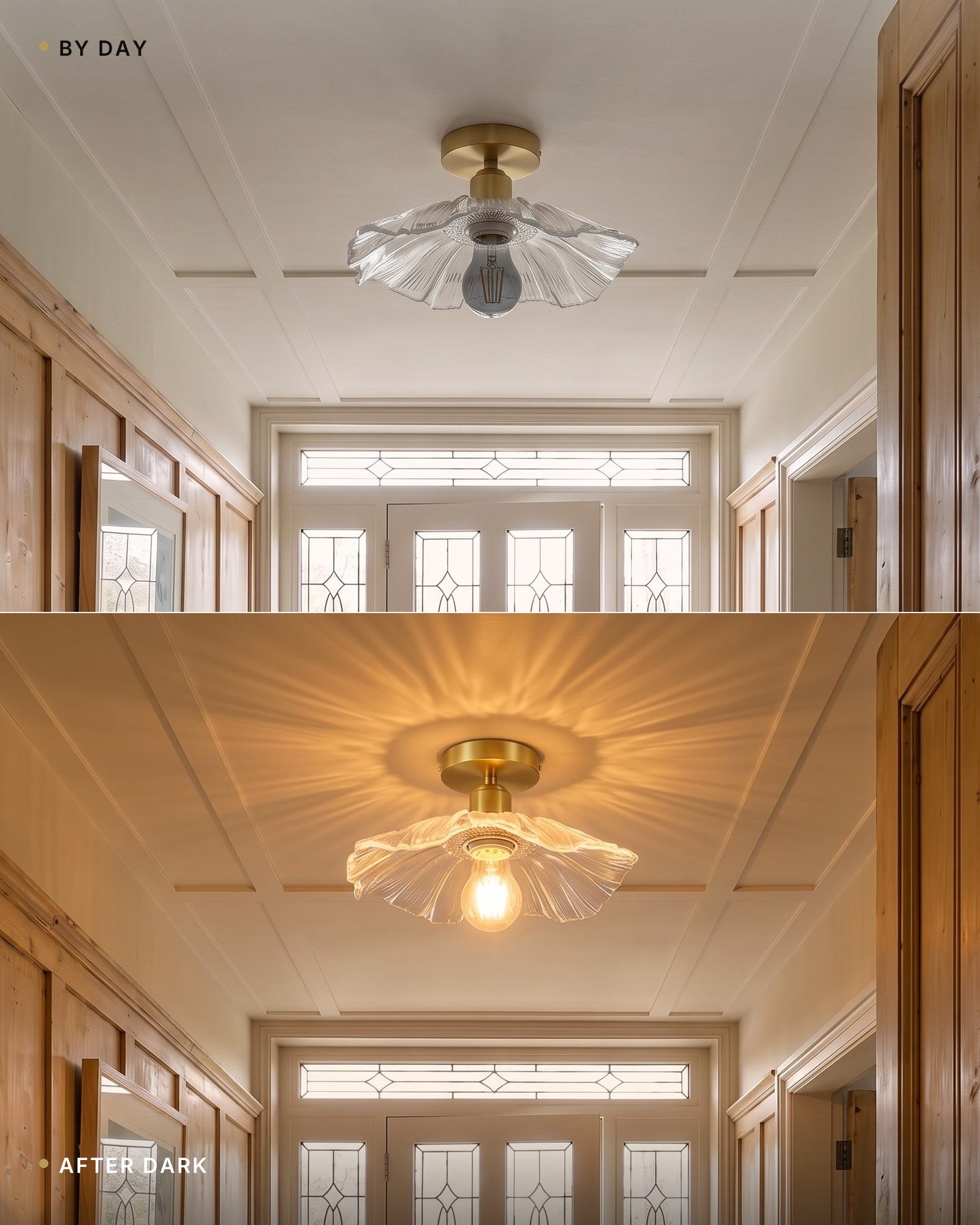 By day and after dark — the antique brass fluted glass ceiling light unlit in daylight, then casting its warm petal glow in the evening