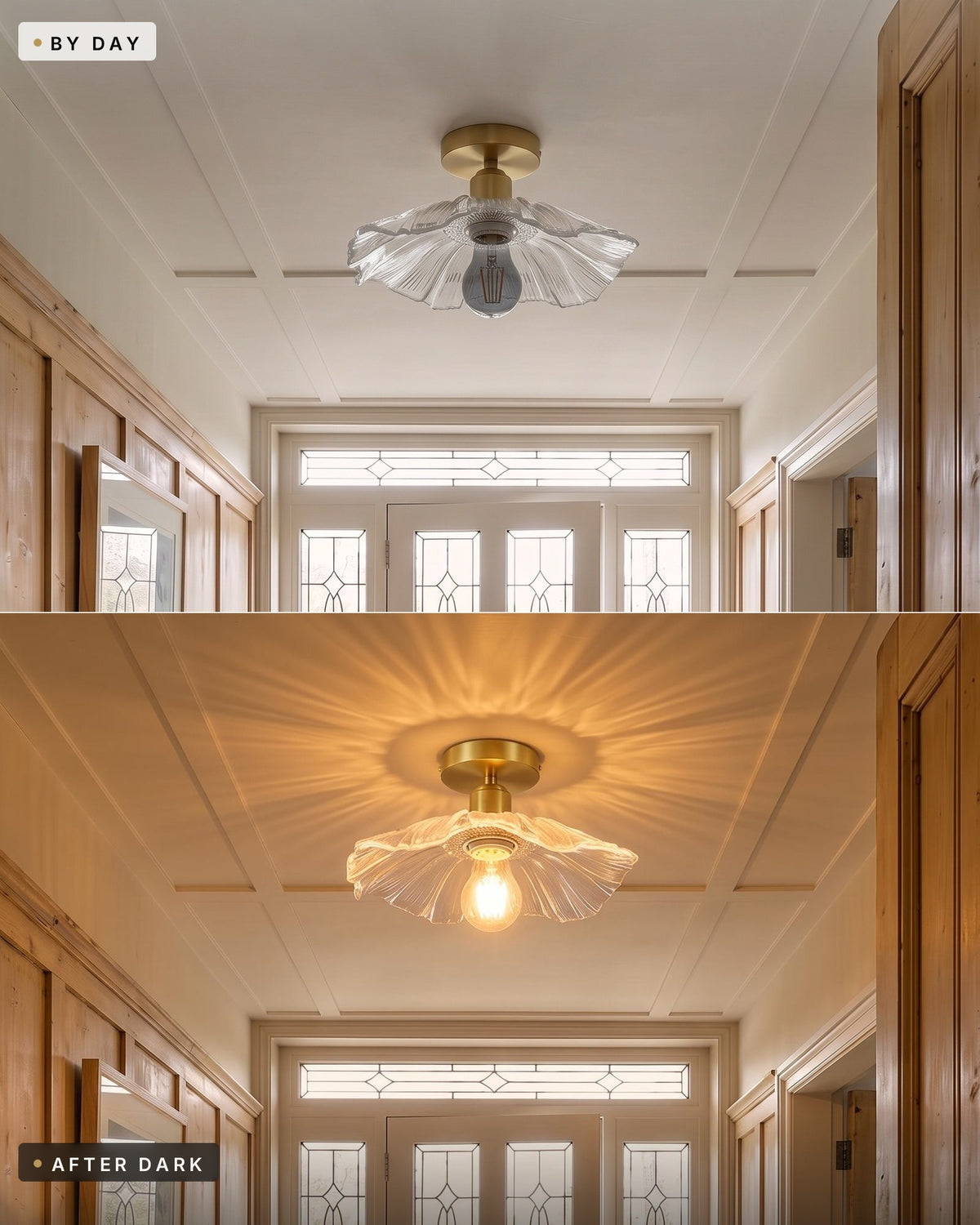 By day and after dark, the antique brass fluted glass ceiling light unlit in daylight, then casting its warm petal glow in the evening