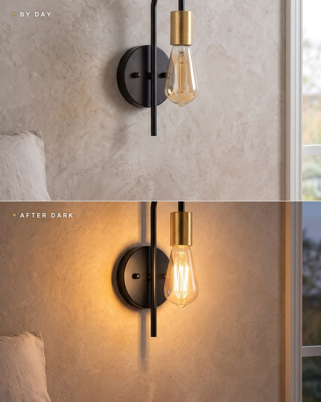 The bare bulb wall light by day, switched off, and after dark, lit — same bedroom wall