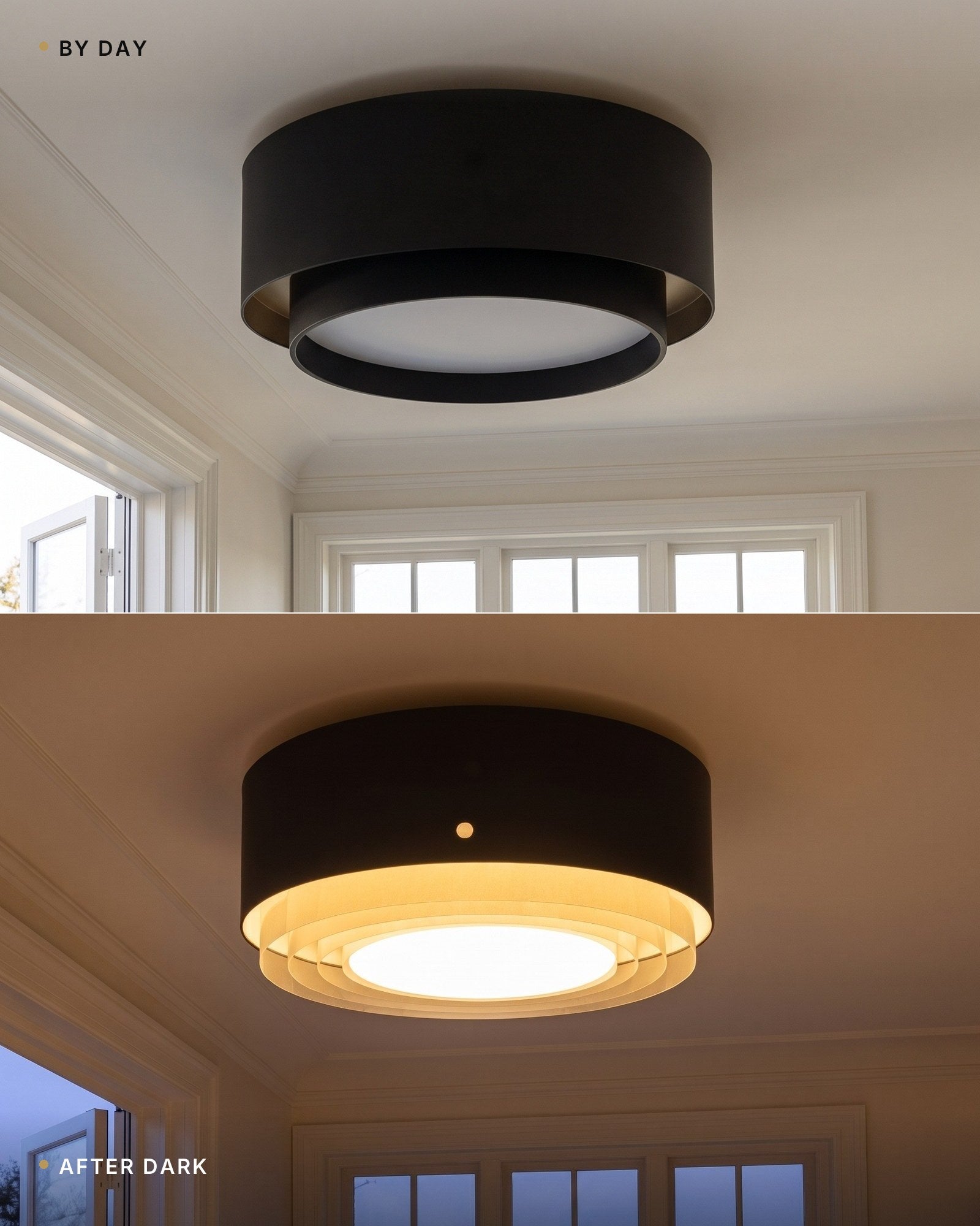 By day and after dark — the black drum ceiling light switched off in daylight, then glowing warm in the evening