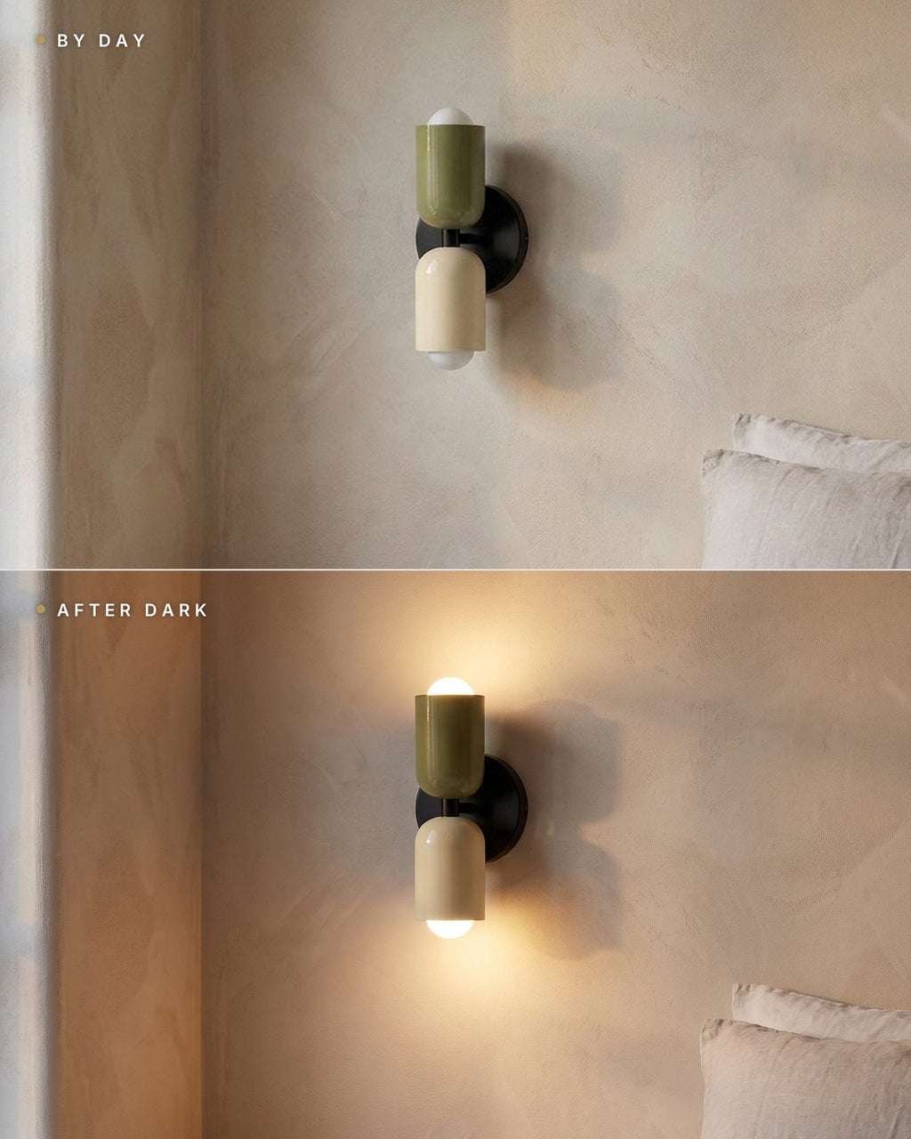 The up-and-down wall light by day, switched off, and after dark, lit — same bedside wall