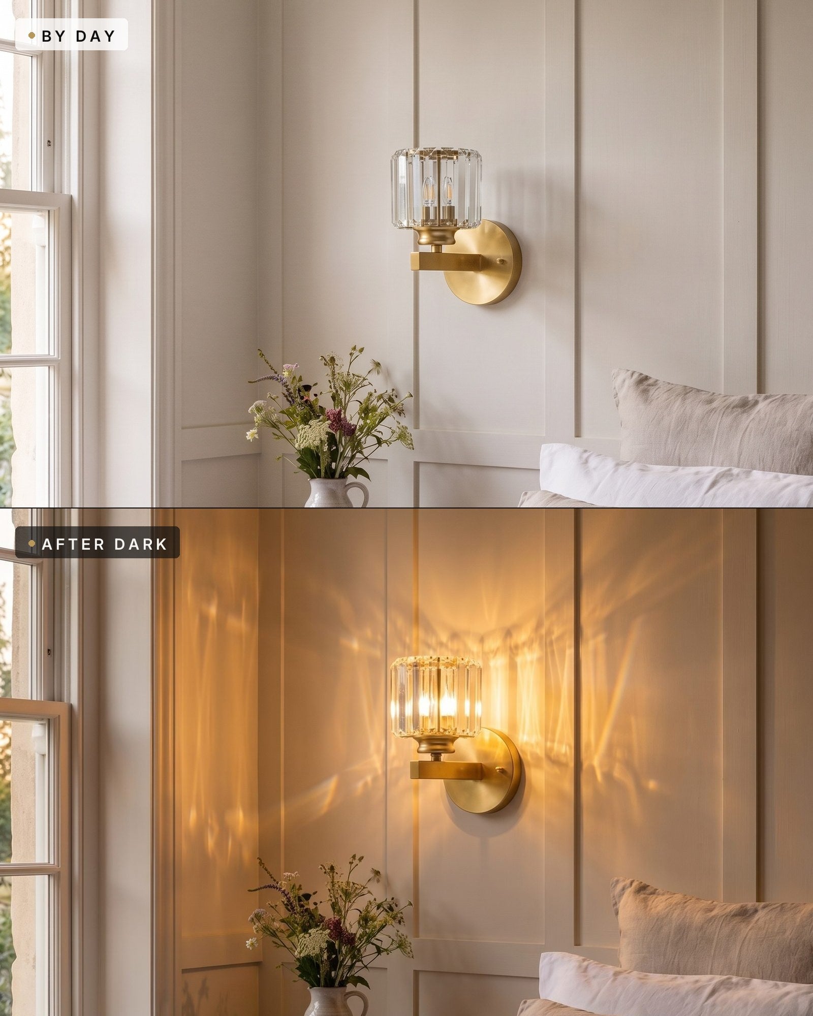 Crystal art deco wall light in the same bedroom by day switched off and after dark switched on