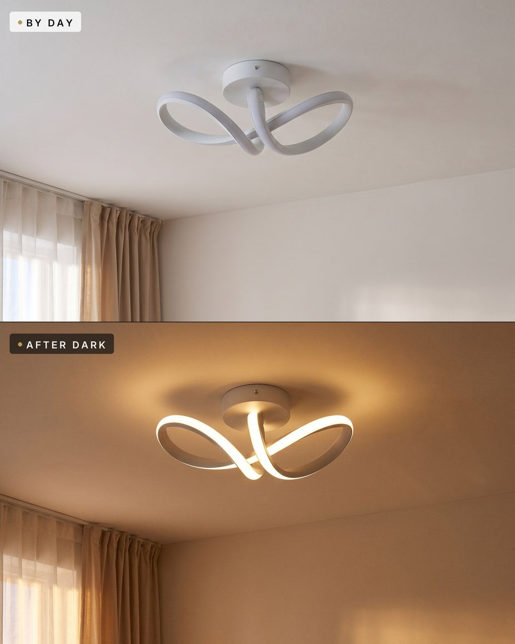 Curved ribbon LED ceiling light in the same bedroom by day switched off and after dark switched on