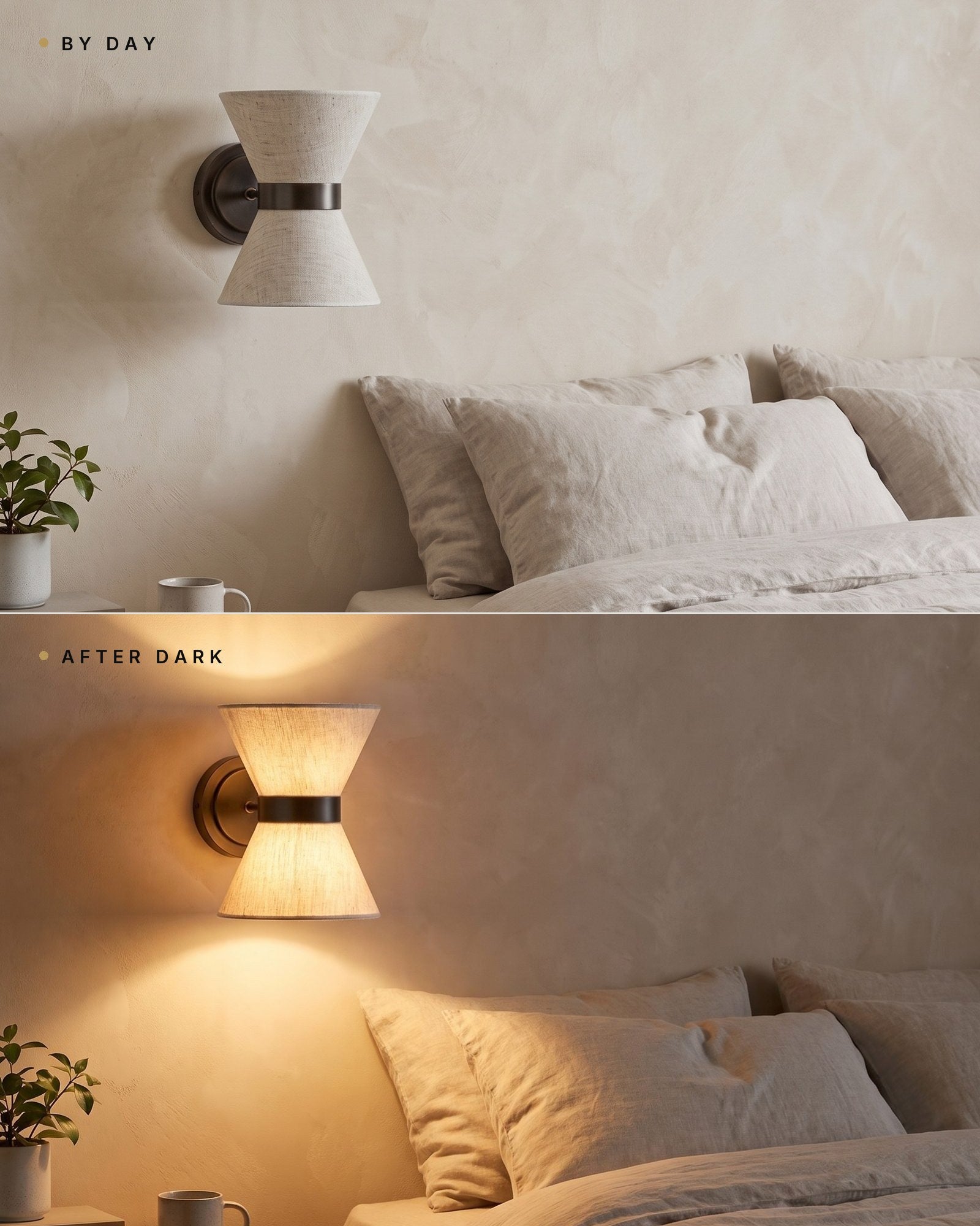 The Halston linen wall light by day, switched off, and after dark, lit — same bedroom wall