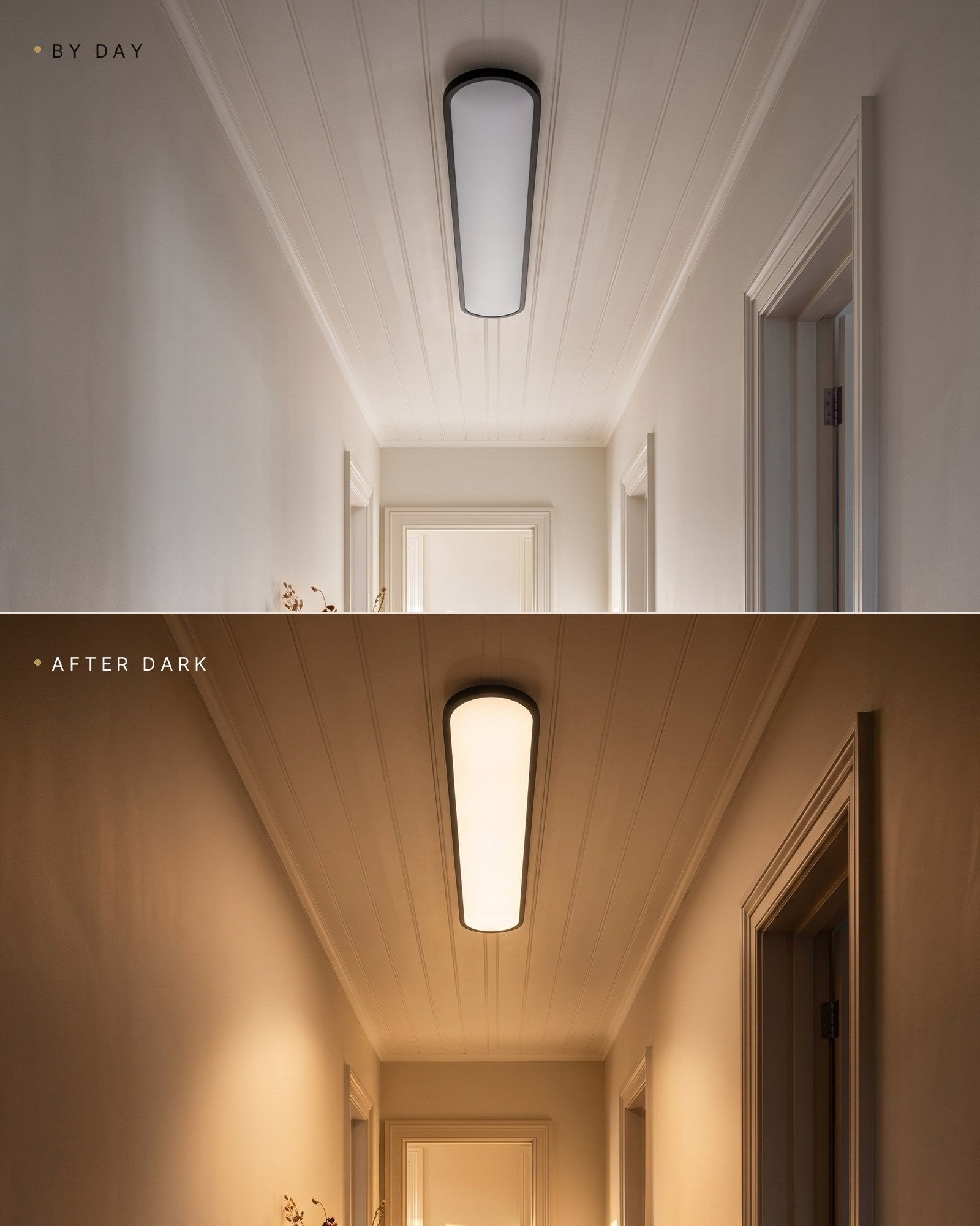 The same ultra-thin LED ceiling light by day switched off and after dark switched on