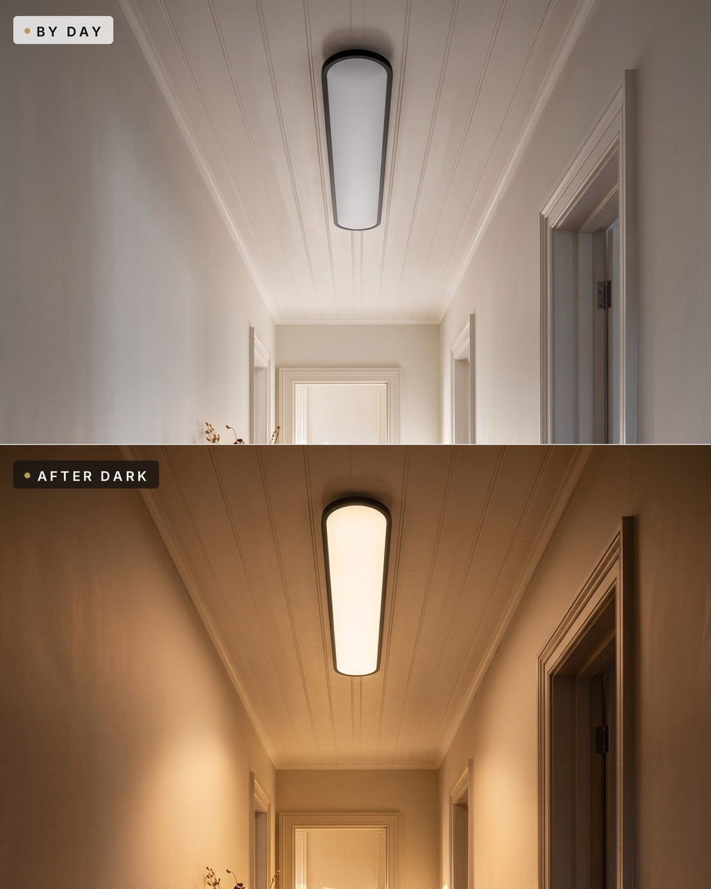 The same ultra-thin LED ceiling light by day switched off and after dark switched on