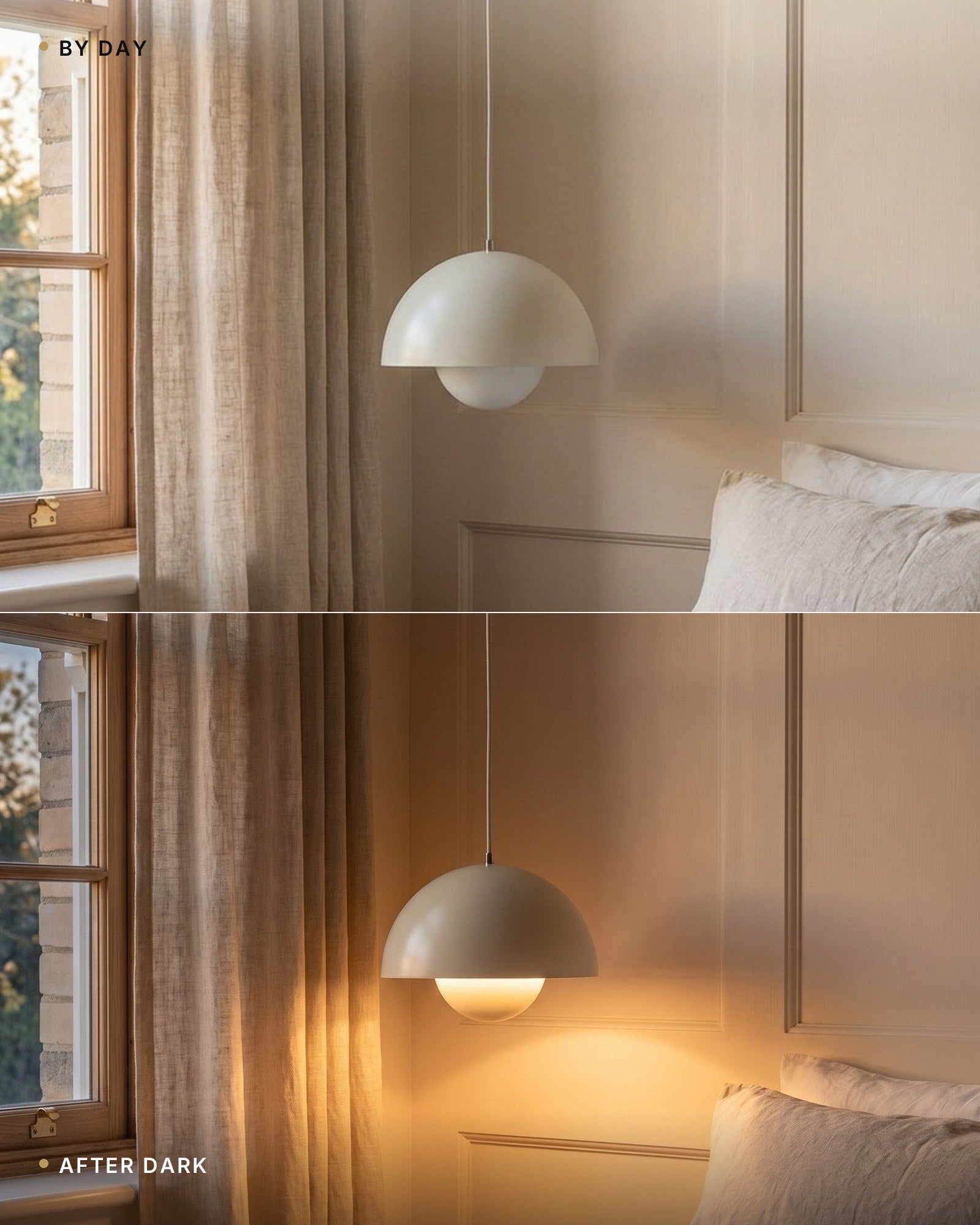 By day and after dark — the cream iron dome pendant switched off in daylight, then glowing over the bedside in the evening