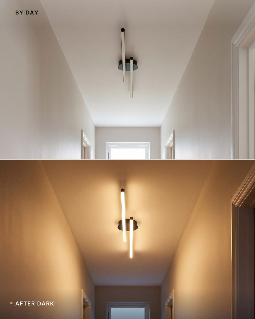 By day and after dark — the twin-bar LED ceiling light switched off in a daylit hallway, then glowing warm in the evening
