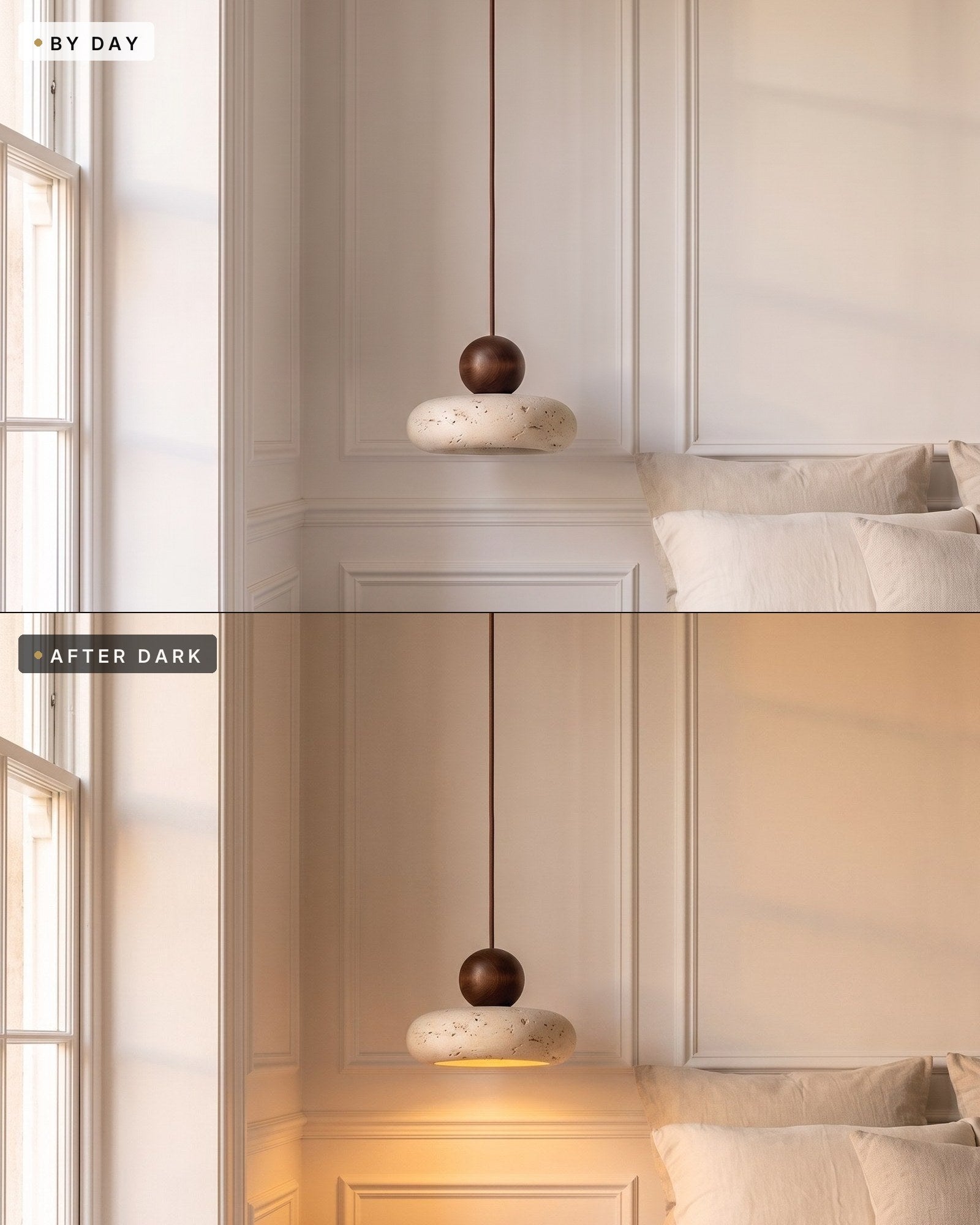 Travertine and walnut pendant in the same bedroom by day switched off and after dark switched on