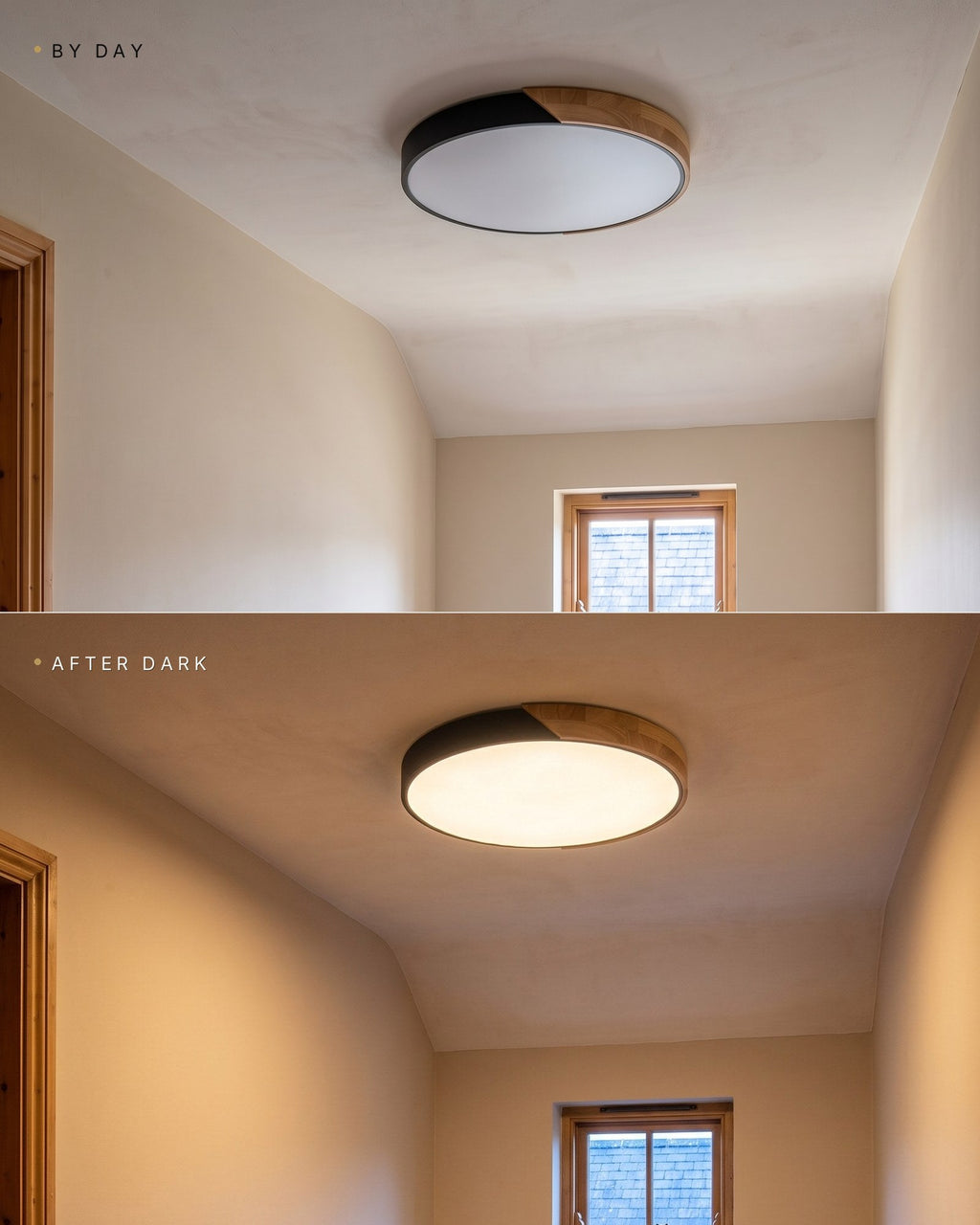 The same wood-trimmed ceiling light by day switched off and after dark switched on
