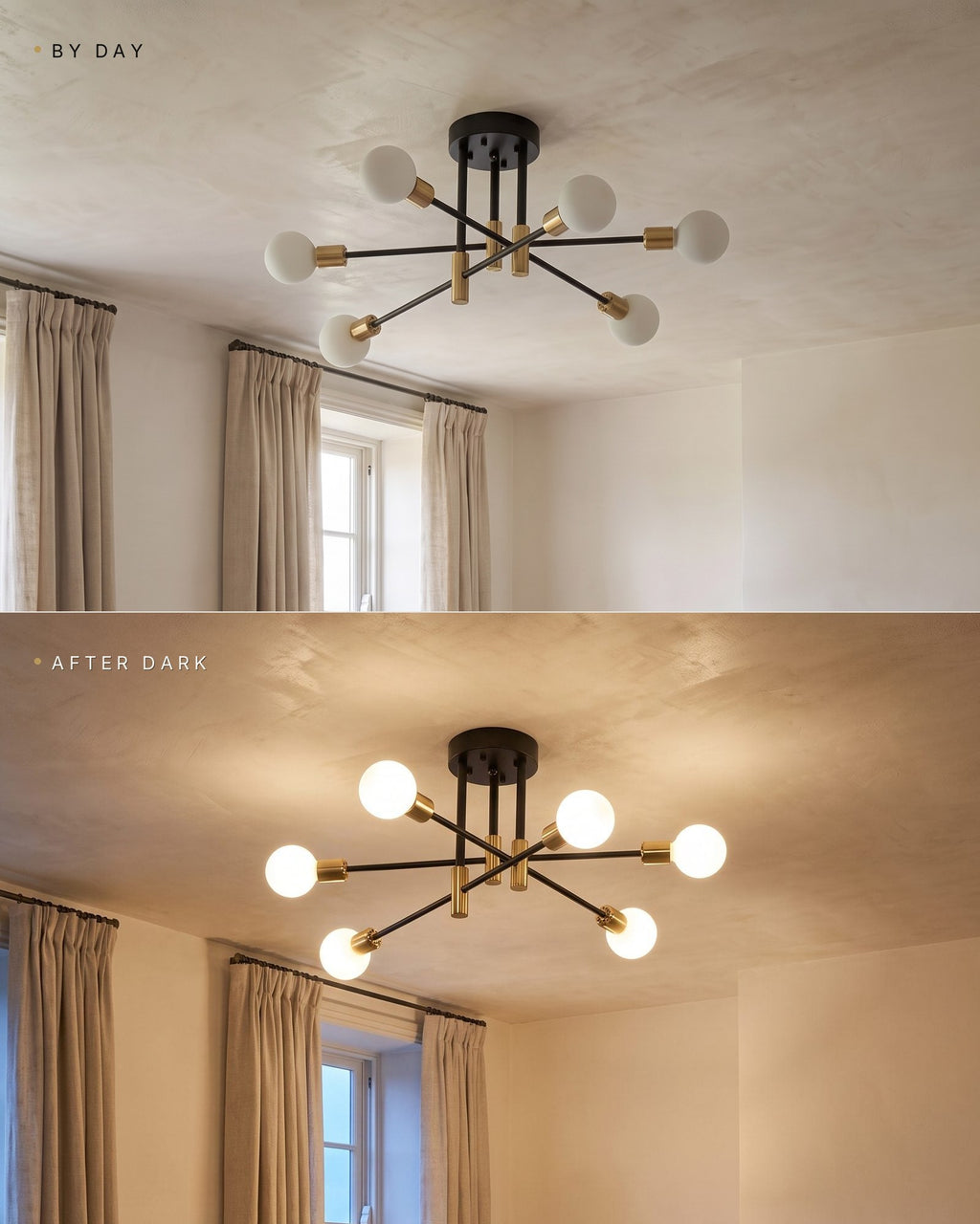The same sputnik ceiling light by day switched off and after dark switched on