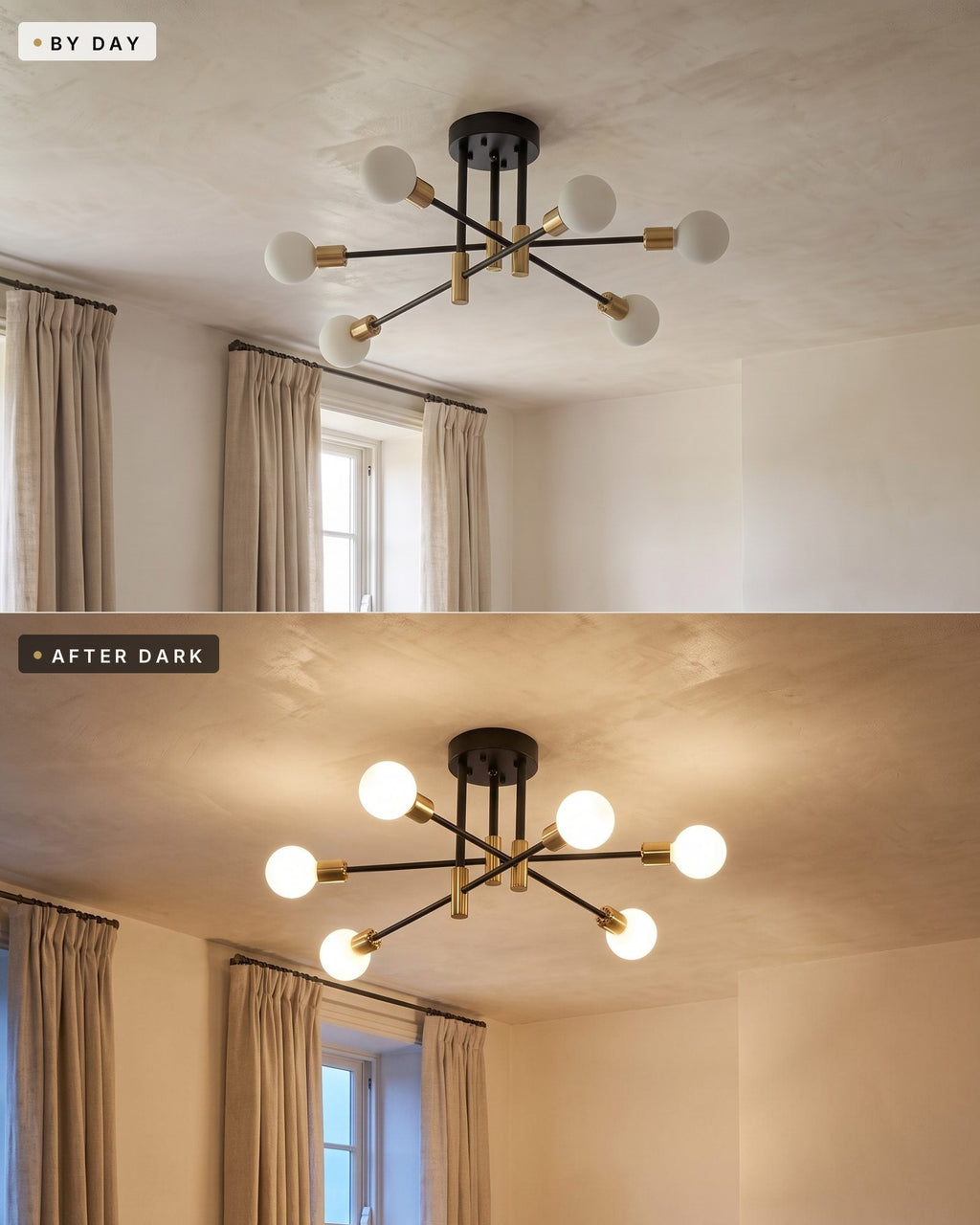 The same sputnik ceiling light by day switched off and after dark switched on