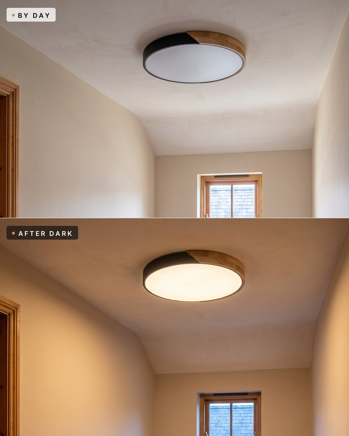The same wood-trimmed ceiling light by day switched off and after dark switched on