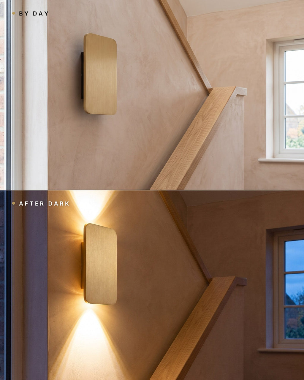 The Nova wall lamp by day, switched off, and after dark, lit — same staircase wall