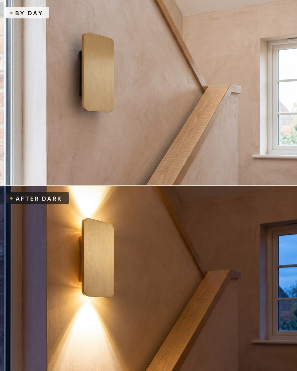 The Nova wall lamp by day, switched off, and after dark, lit, same staircase wall
