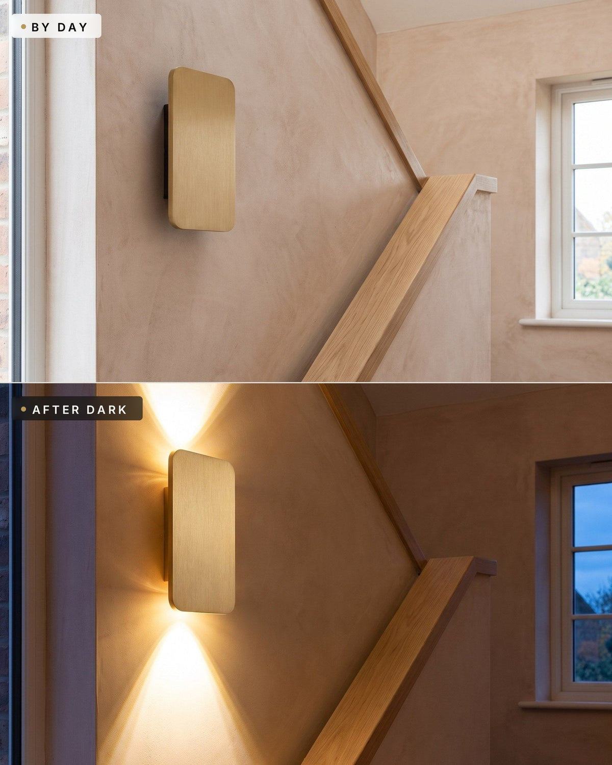 The Nova wall lamp by day, switched off, and after dark, lit, same staircase wall