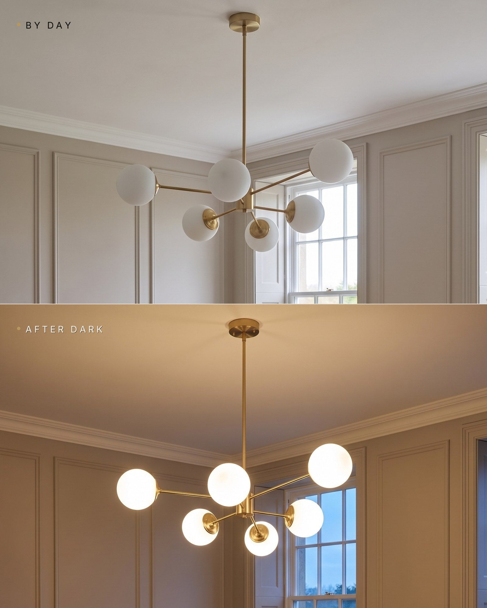 The same opal globe chandelier by day switched off and after dark switched on