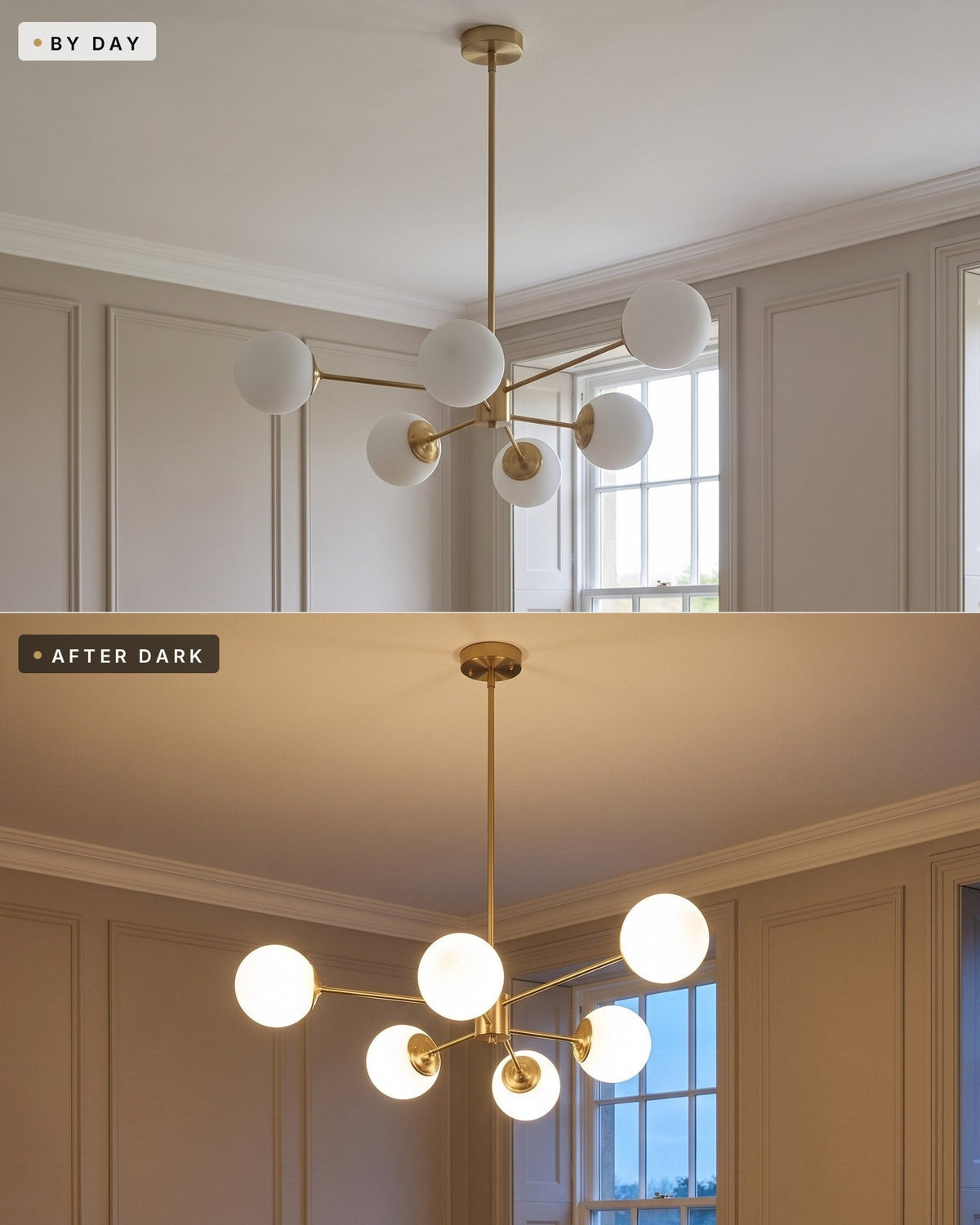 The same opal globe chandelier by day switched off and after dark switched on