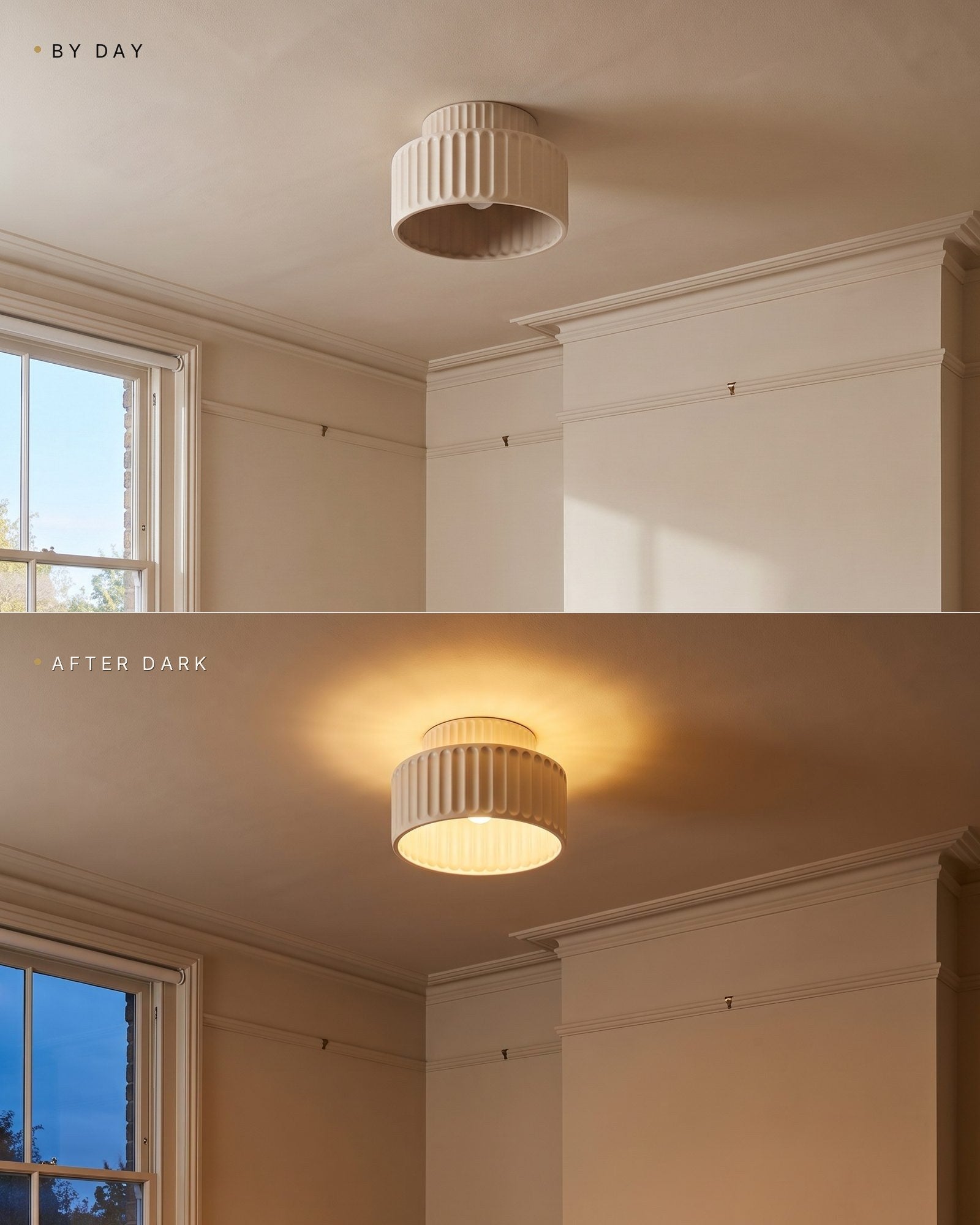 The same pleated bowl ceiling light by day switched off and after dark switched on