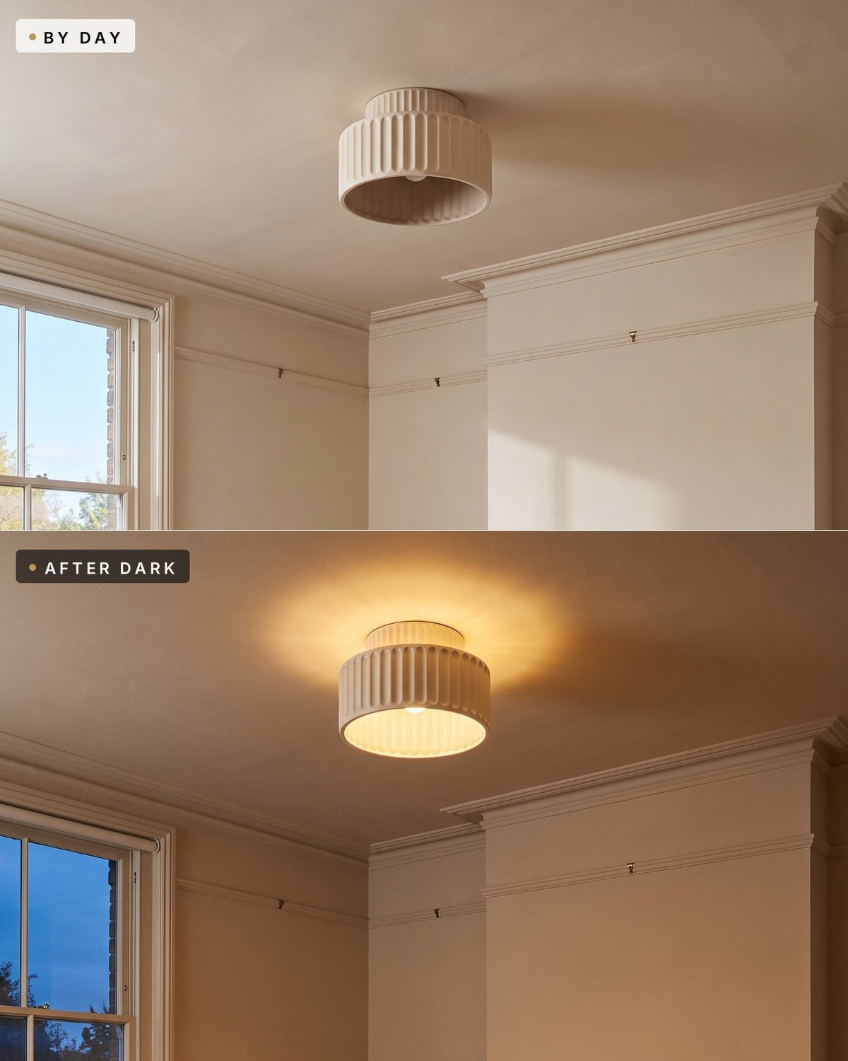The same pleated bowl ceiling light by day switched off and after dark switched on