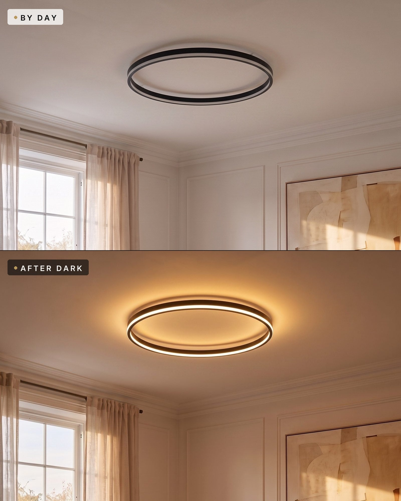 Quasso flush ceiling light in the same room by day switched off and after dark switched on