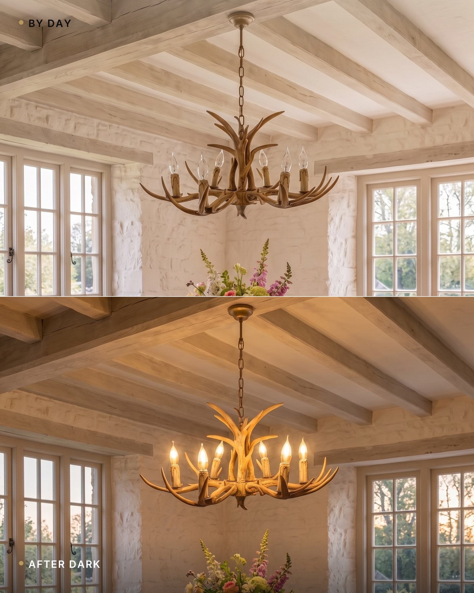 By day and after dark — the six-light antler chandelier unlit over the dining table in daylight, then glowing in the evening