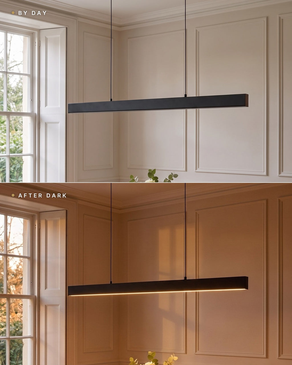 The Thala linear pendant by day, switched off, and after dark, lit — same dining room