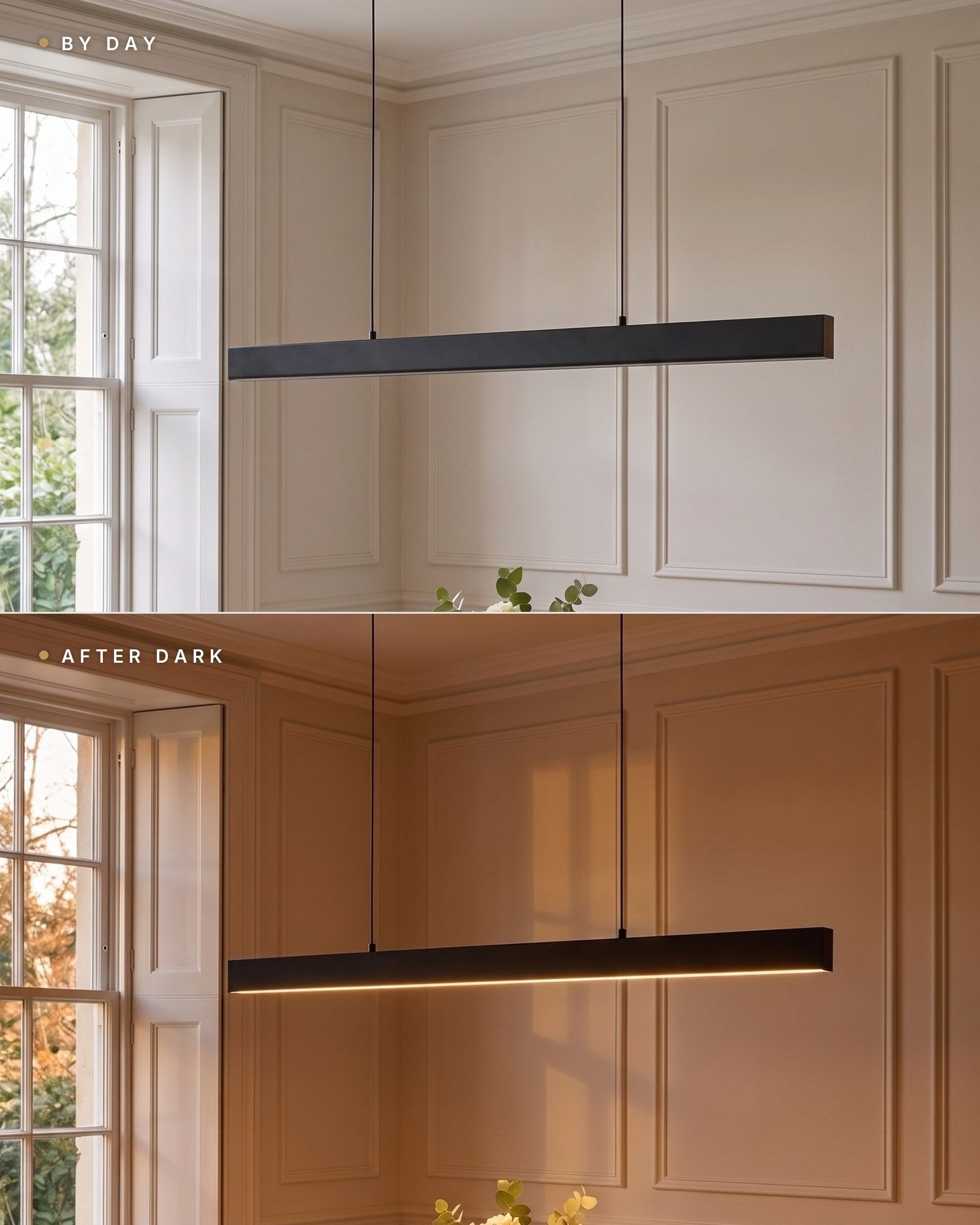 The Thala linear pendant by day, switched off, and after dark, lit — same dining room