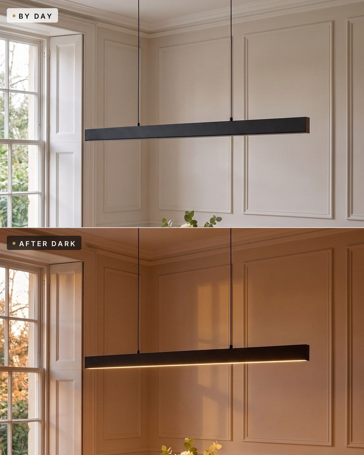 The Thala linear pendant by day, switched off, and after dark, lit, in the same dining room