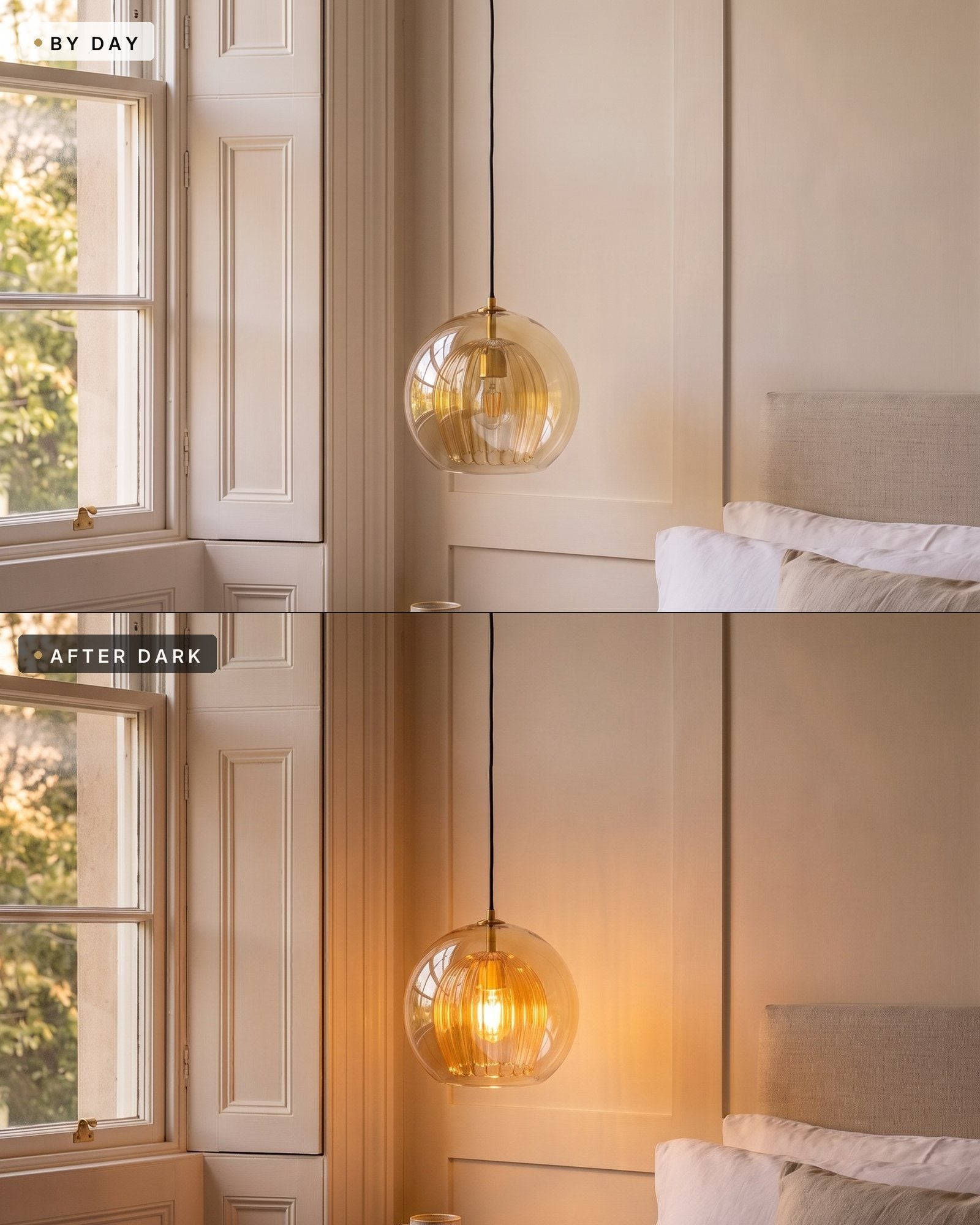 Zoey amber glass pendant in the same bedroom by day switched off and after dark switched on