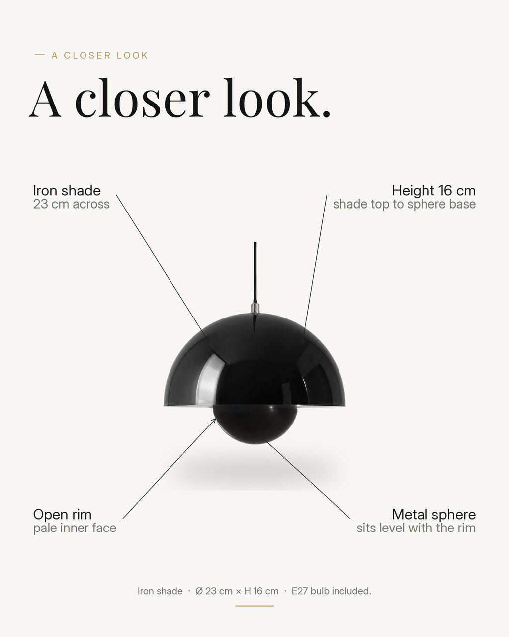 A closer look at the Modern Iron Dome pendant light, with its iron dome shade, adjustable flex, dimensions and E27 lampholder labelled.