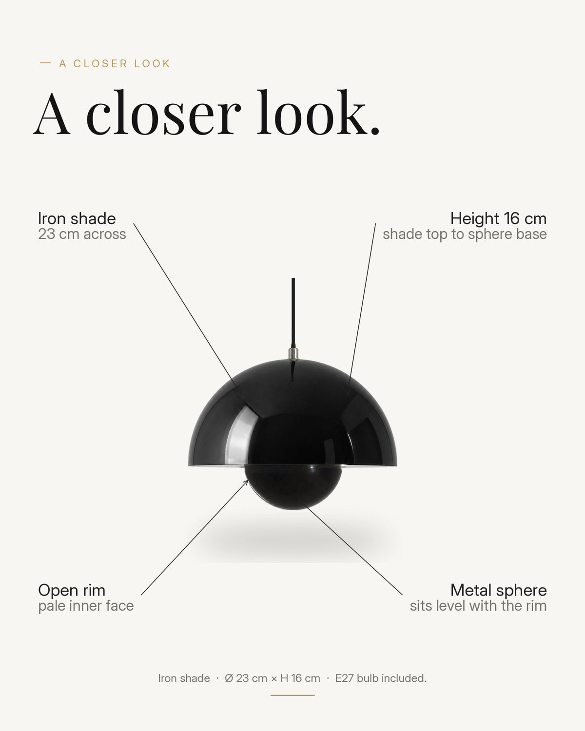 A closer look at the Modern Iron Dome pendant light, with its iron dome shade, adjustable flex, dimensions and E27 lampholder labelled.
