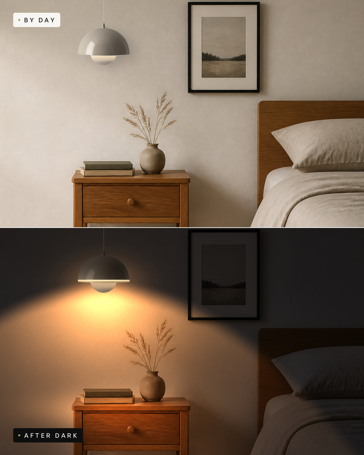 By day and after dark: the White iron dome pendant above a bedside table, unlit then glowing