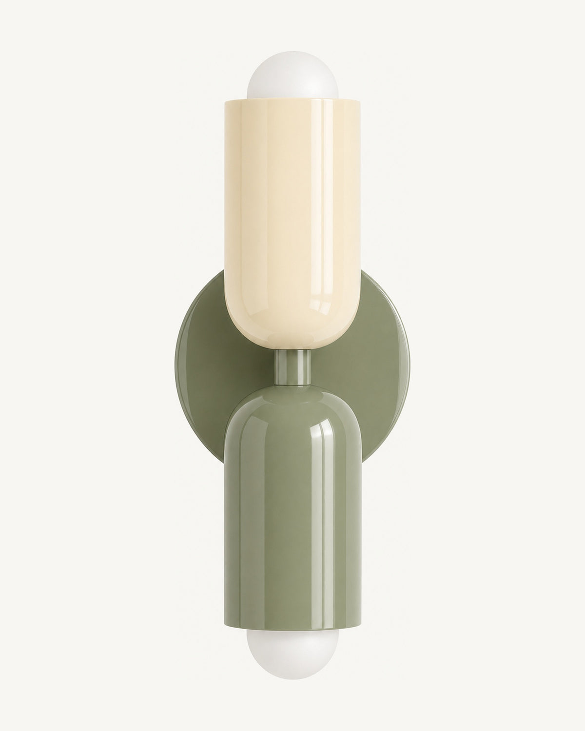 Colourful Nordic up and down wall light: beige top shade, green bottom shade, green wall disc