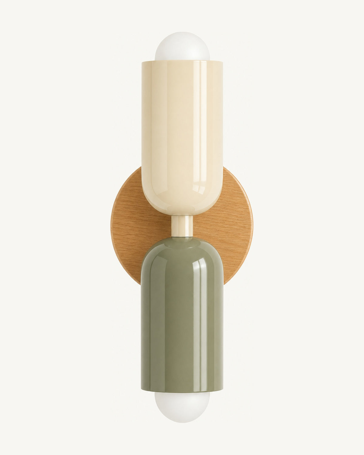 Colourful Nordic up and down wall light: beige top shade, green bottom shade, natural wood wall disc