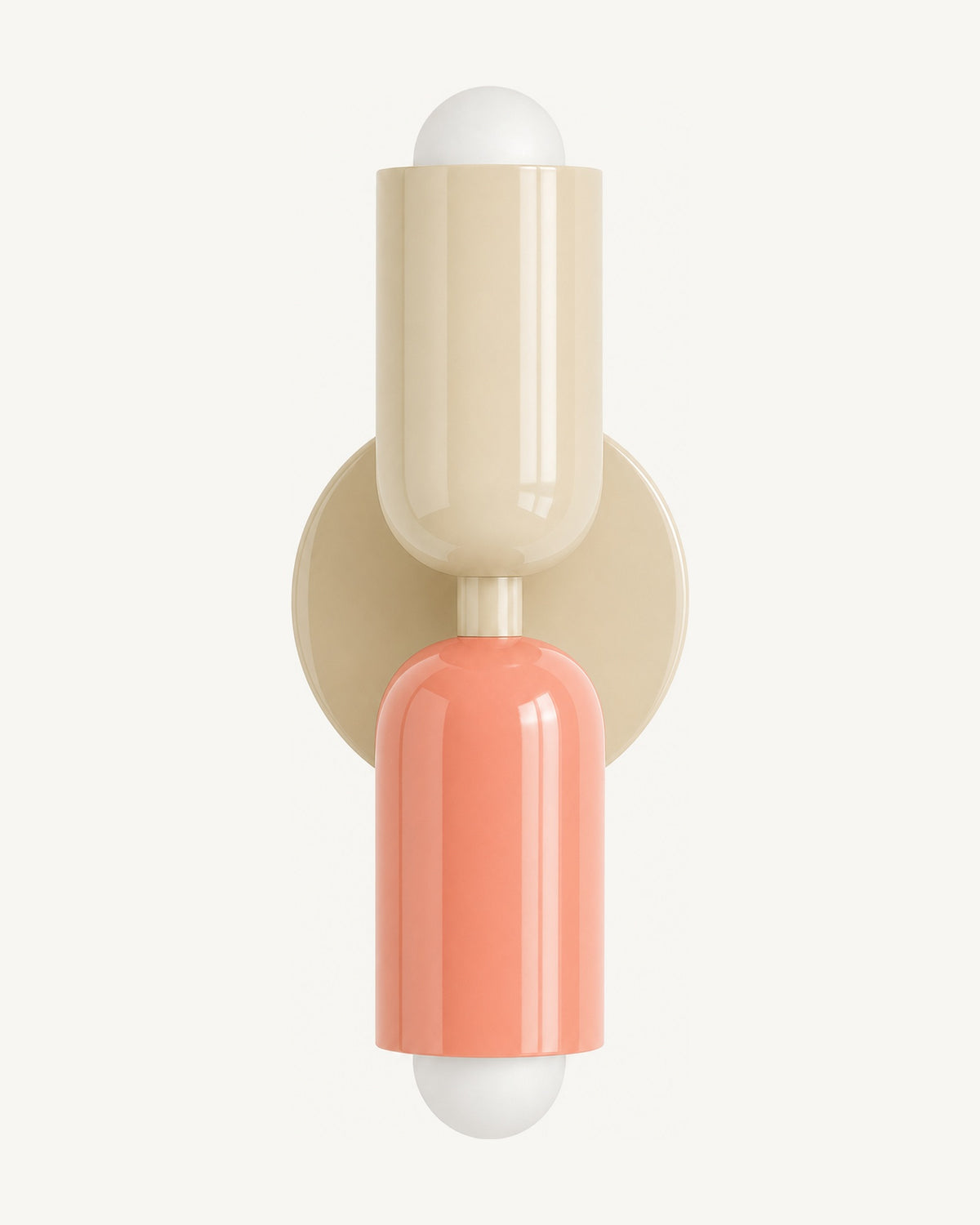 Colourful Nordic up and down wall light: beige top shade, coral-pink bottom shade, beige wall disc