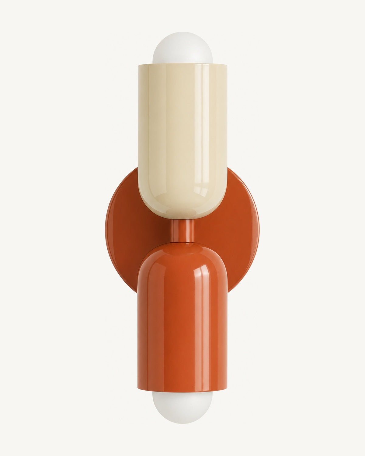 Colourful Nordic up and down wall light in beige and red: cream upper shade, red lower shade, red wall mount