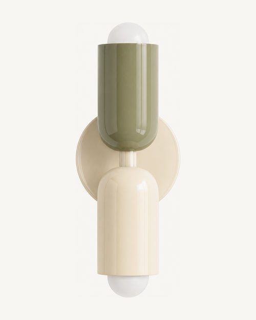 Colourful Nordic up and down wall light: green top shade, beige bottom shade, beige wall disc