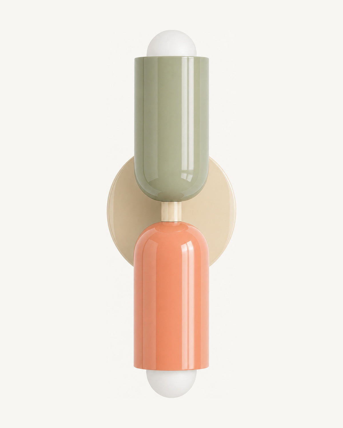 Colourful Nordic up and down wall light: green top shade, salmon-pink bottom shade, beige wall disc