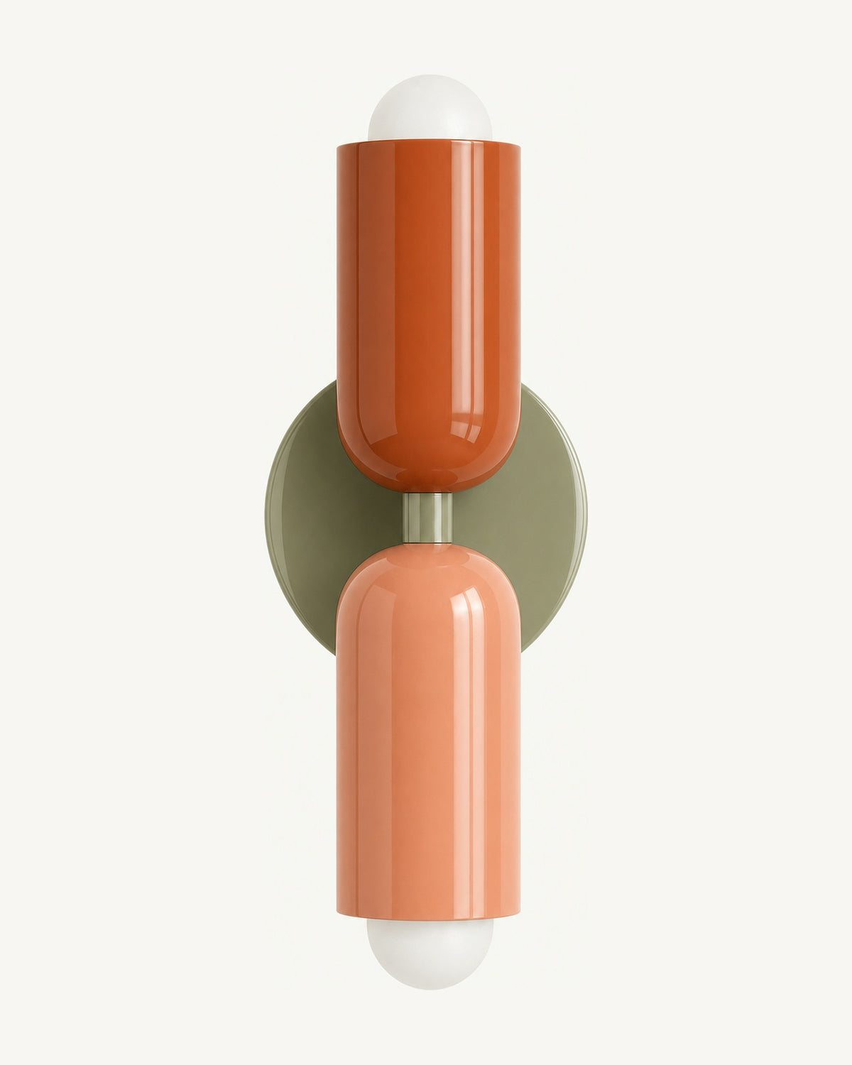 Colourful Nordic up and down wall light: terracotta-red top shade, salmon-pink bottom shade, green wall disc