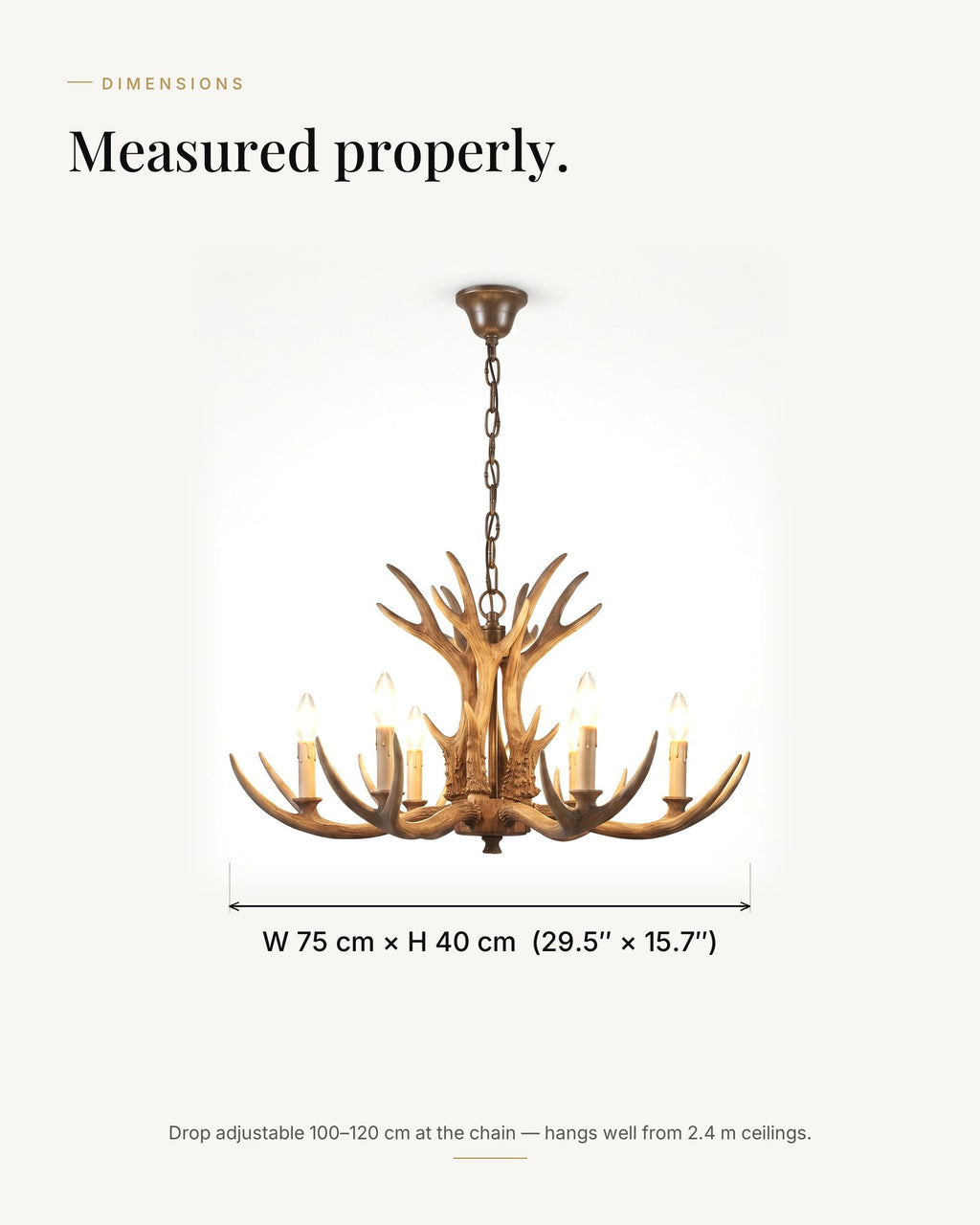 Dimensions — W 75 × H 40 cm, drop adjustable 100–120 cm
