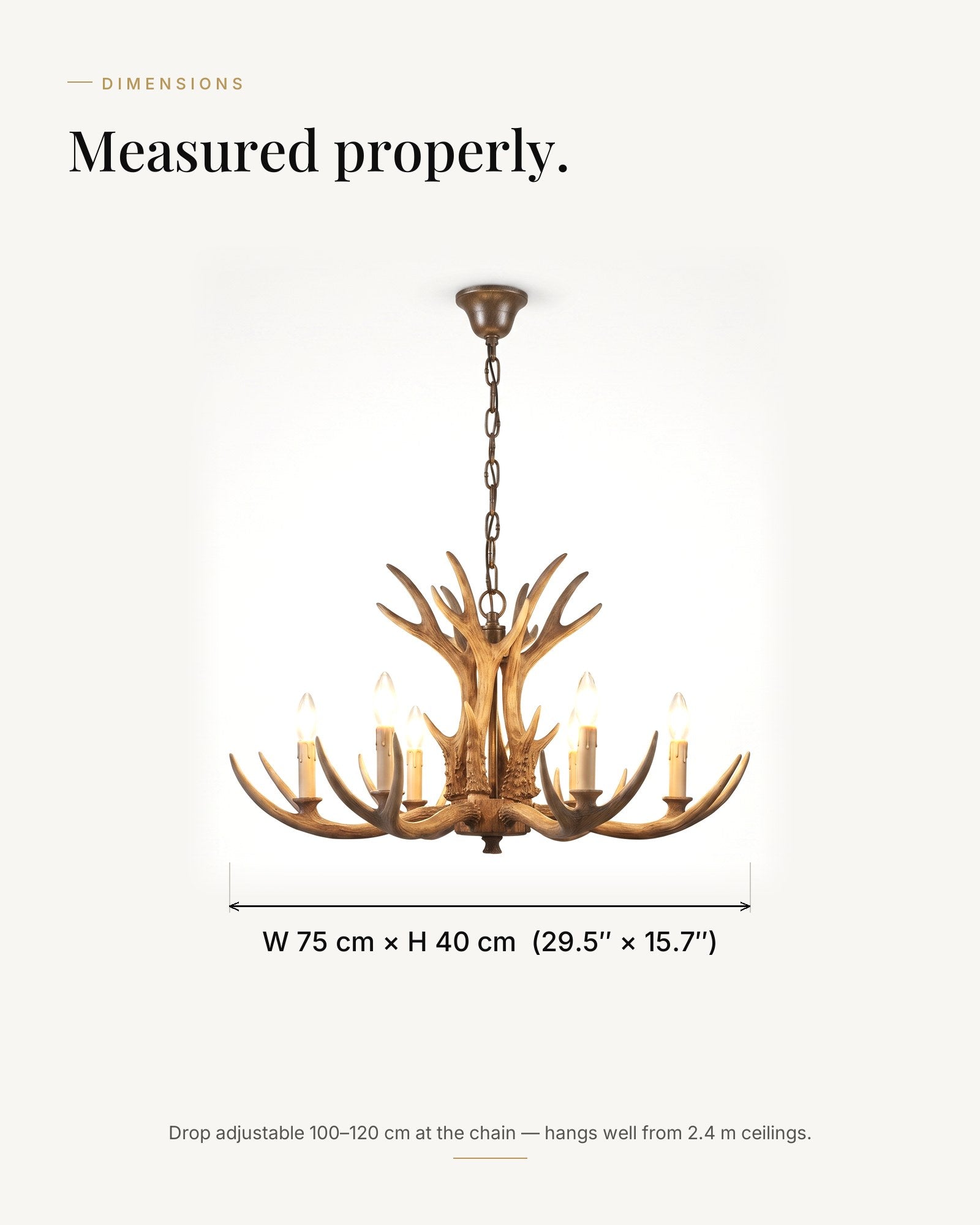Dimensions — W 75 × H 40 cm, drop adjustable 100–120 cm