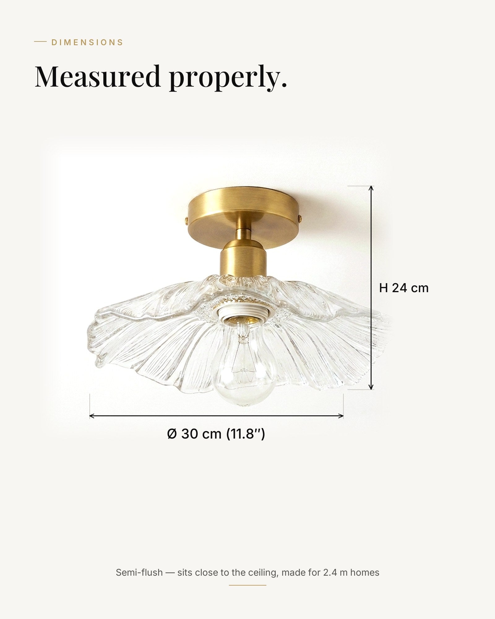 Dimensions — shade Ø 30 cm, drops just 24 cm from the ceiling